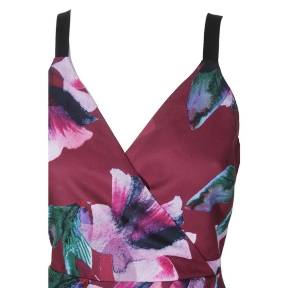 Fame and Partners Maroon Red The Helenium Floral Printed Faux Wrap Dress Size 0 - Picture 2 of 5